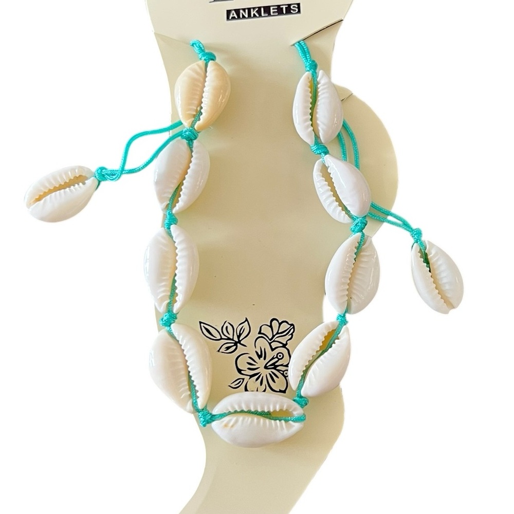Turquoise Blue Seashell Shell Anklet Ankle Bracelet Adjustable Slip Knot Closure